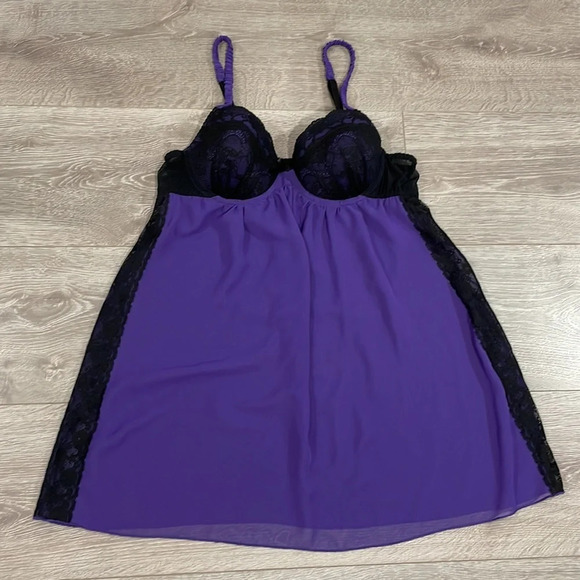 NWOT Ambrielle Lace Babydoll Negligee Nightgown Black Purple Adjustable Straps M - Picture 7 of 12
